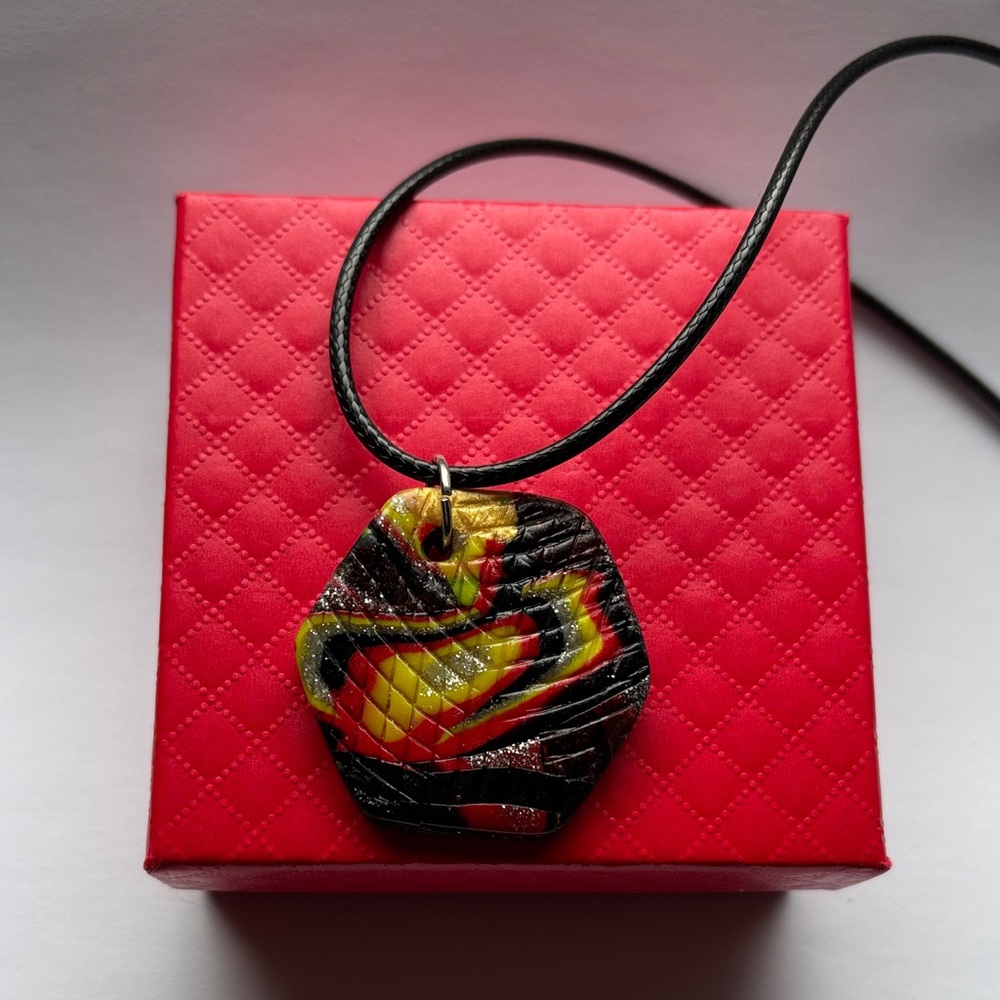🔴New Polymer Clay Multicolored  Pendant W/Black Waxed Cord, Handcrafted